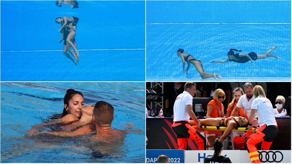 Scary moment coach had to jump into water to save swimmer's life after feinting mid-routine