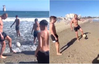 Man City’s Erling Haaland surprises youngsters by joining beach kickabout in Marbella