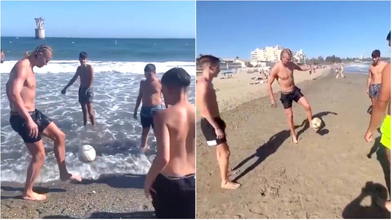 Man City’s Erling Haaland surprises youngsters by joining beach kickabout in Marbella