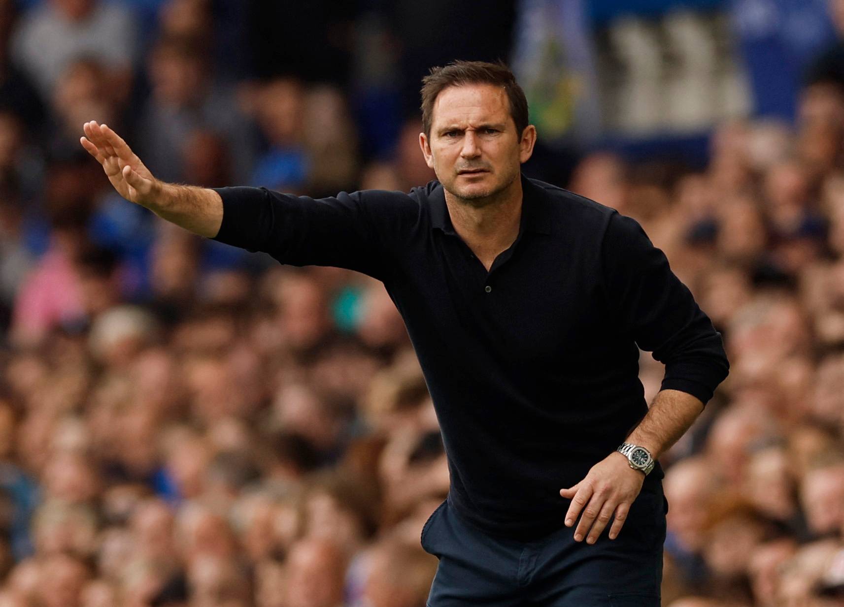 Everton manager Frank Lampard looking very focused on the touchline