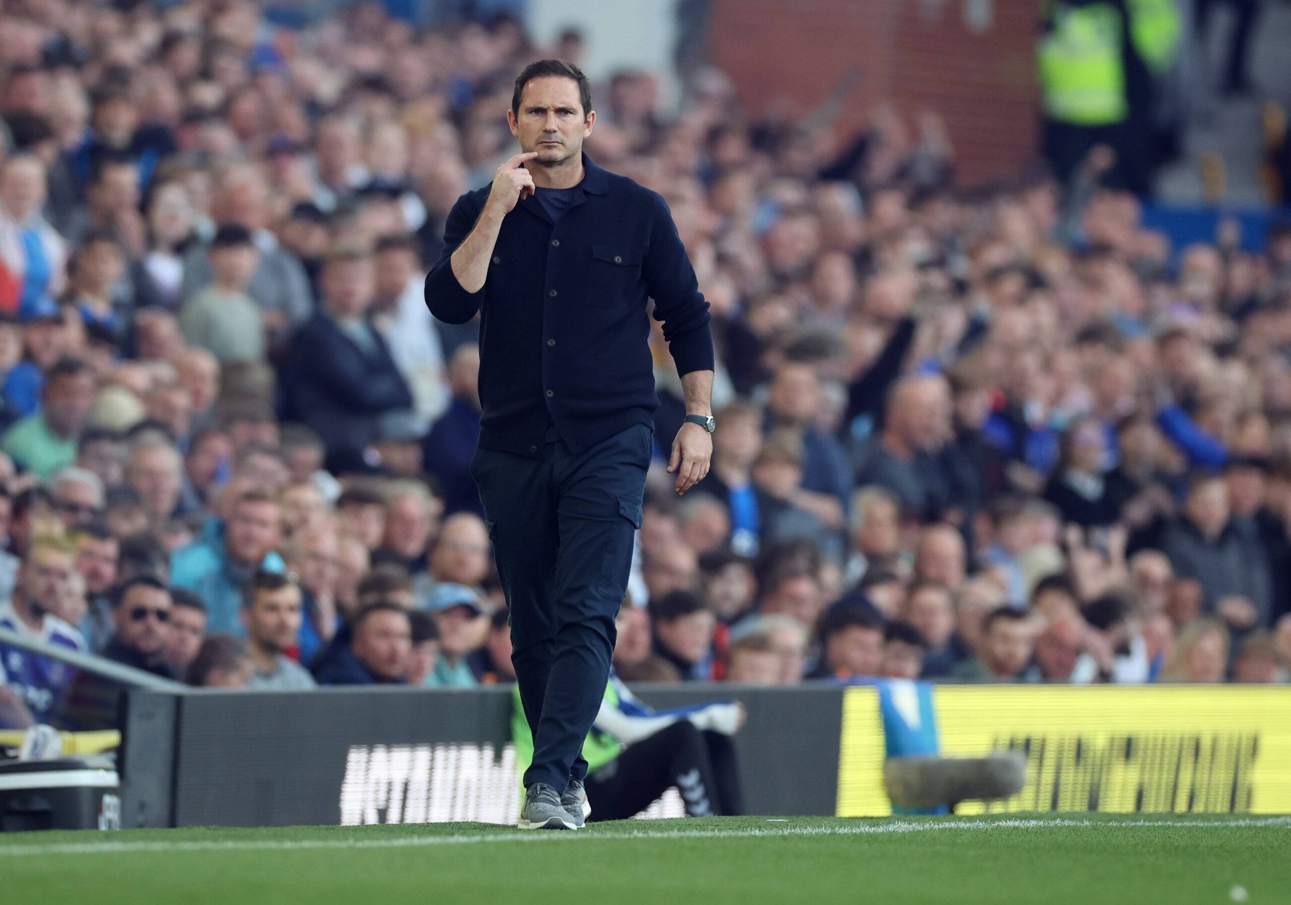 Everton boss Frank Lampard walking in the technical area