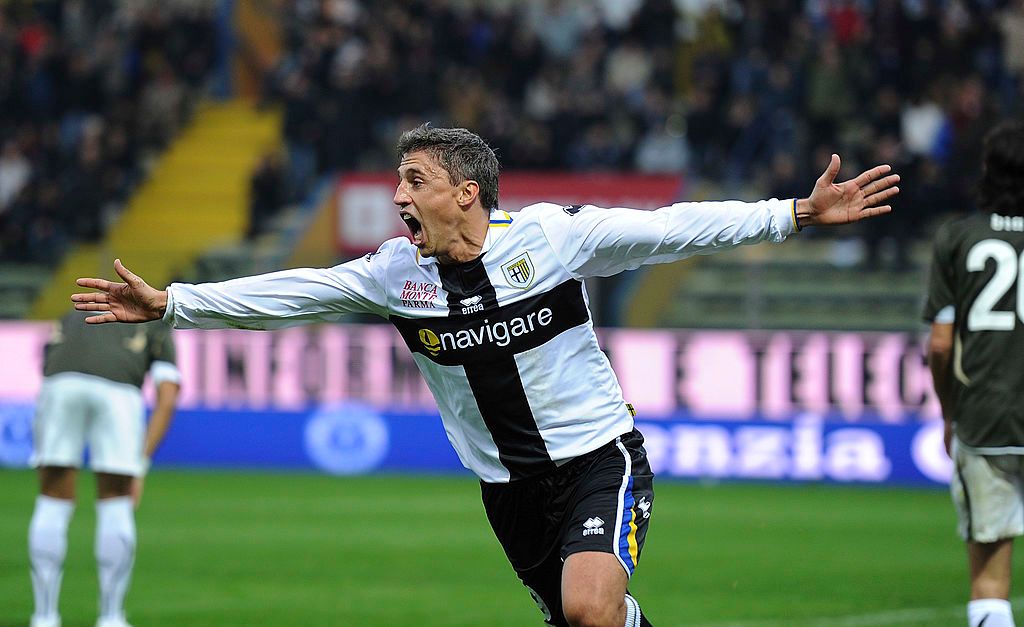 Hernan Crespo celebrates a goal for Parma