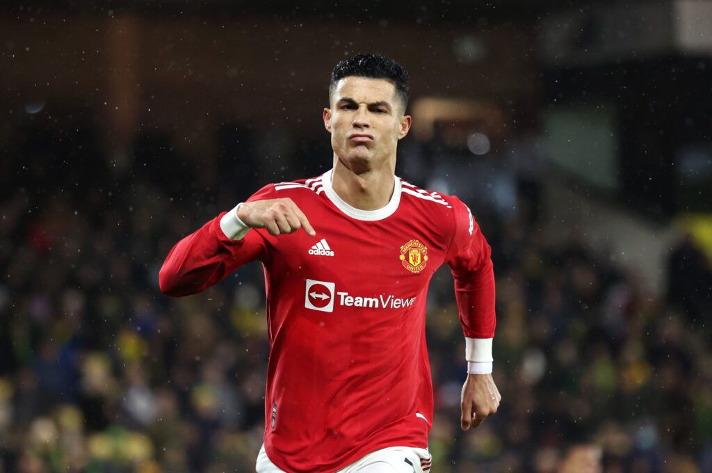 Ronaldo celebrates a goal for Manchester United in his return season