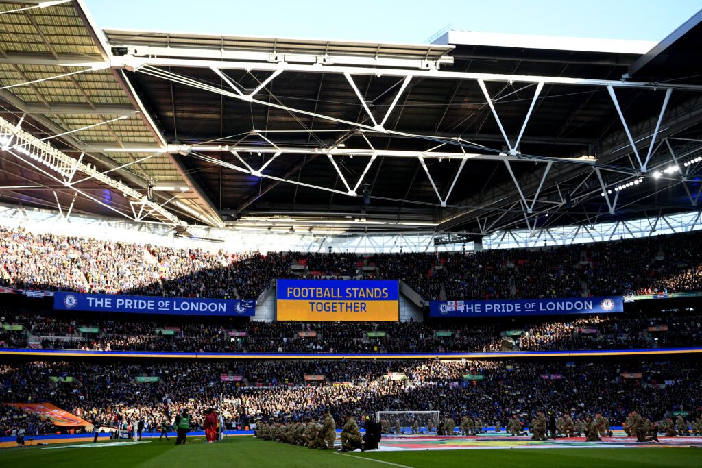 General view inside the stadium as a message of support for Ukraine the LED screen is shown to indicate peace and sympathy with Ukraine prior to the Carabao Cup Final match between Chelsea and Liverpool at Wembley Stadium on February 27, 2022 in London, England
