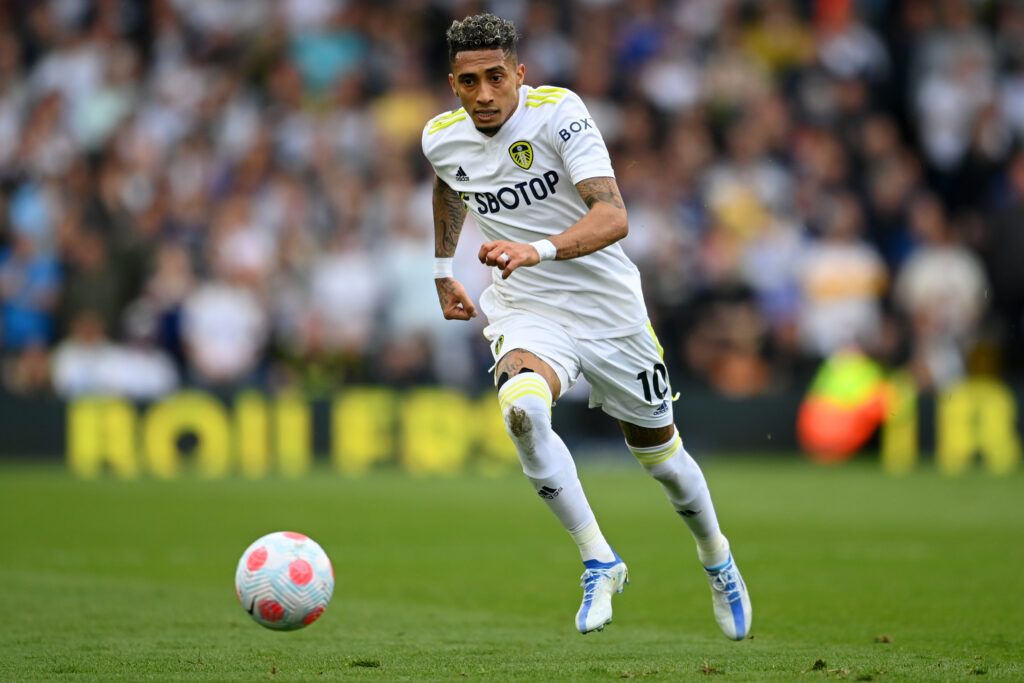 Raphinha dribbles the ball for Leeds United