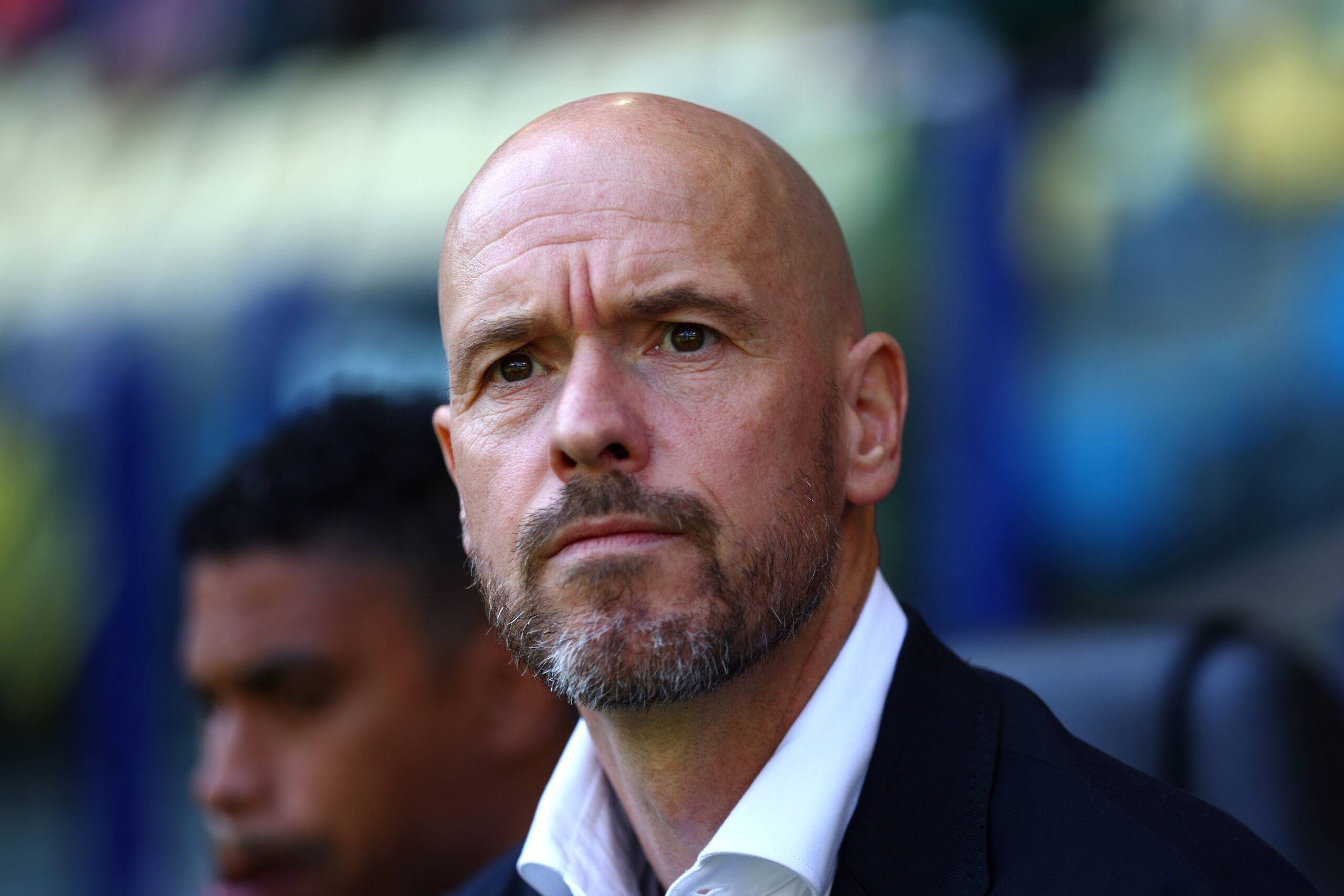 Manchester United manager Erik ten Hag watches on