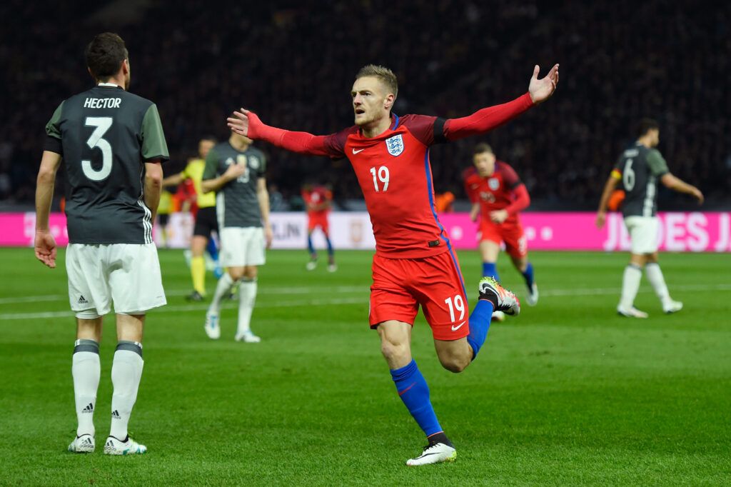 amie Vardy of England celebrates scoring his team's second goal during the International Friendly match between Germany and England