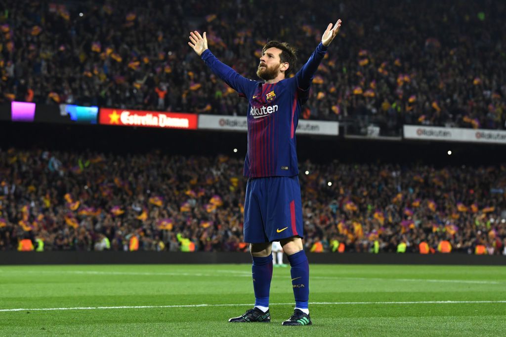 Lionel Messi after scoring a goal for Barcelona vs Real Madrid