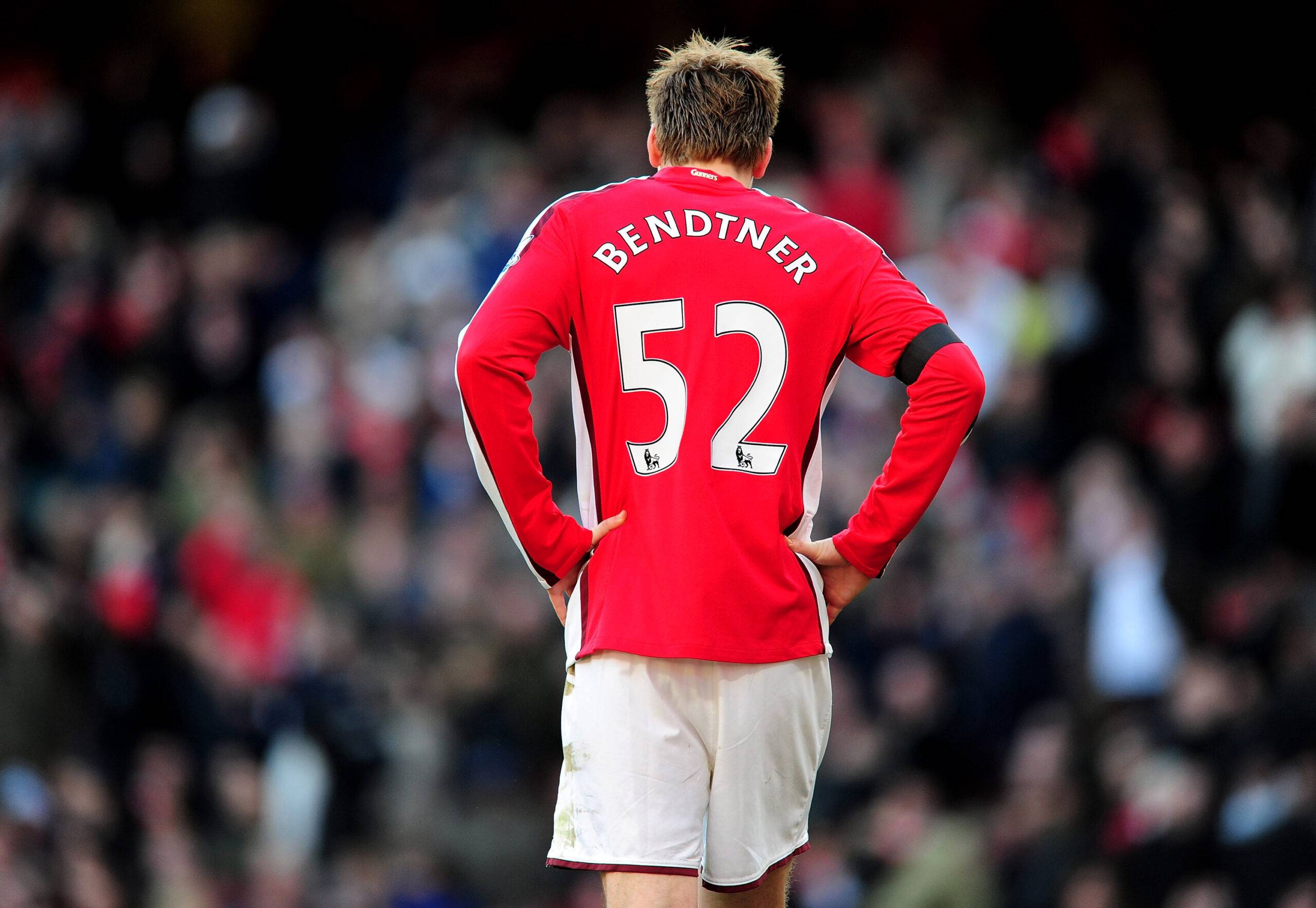 Bendtner playing for Arsenal.