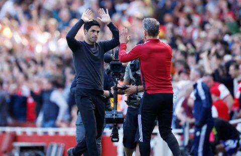 Arsenal manager Mikel Arteta celebrates a goal vs Leeds United