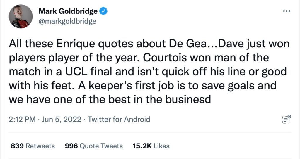 Man Utd fan Mark Goldbridge tweets.