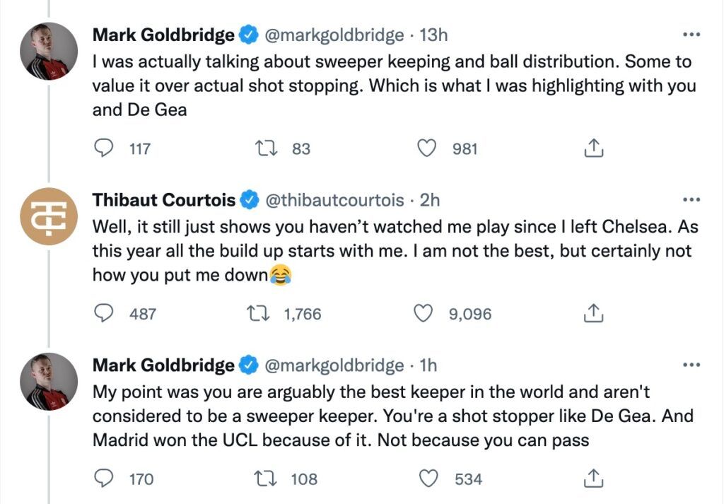 Goldbridge and Courtois exchange tweets.