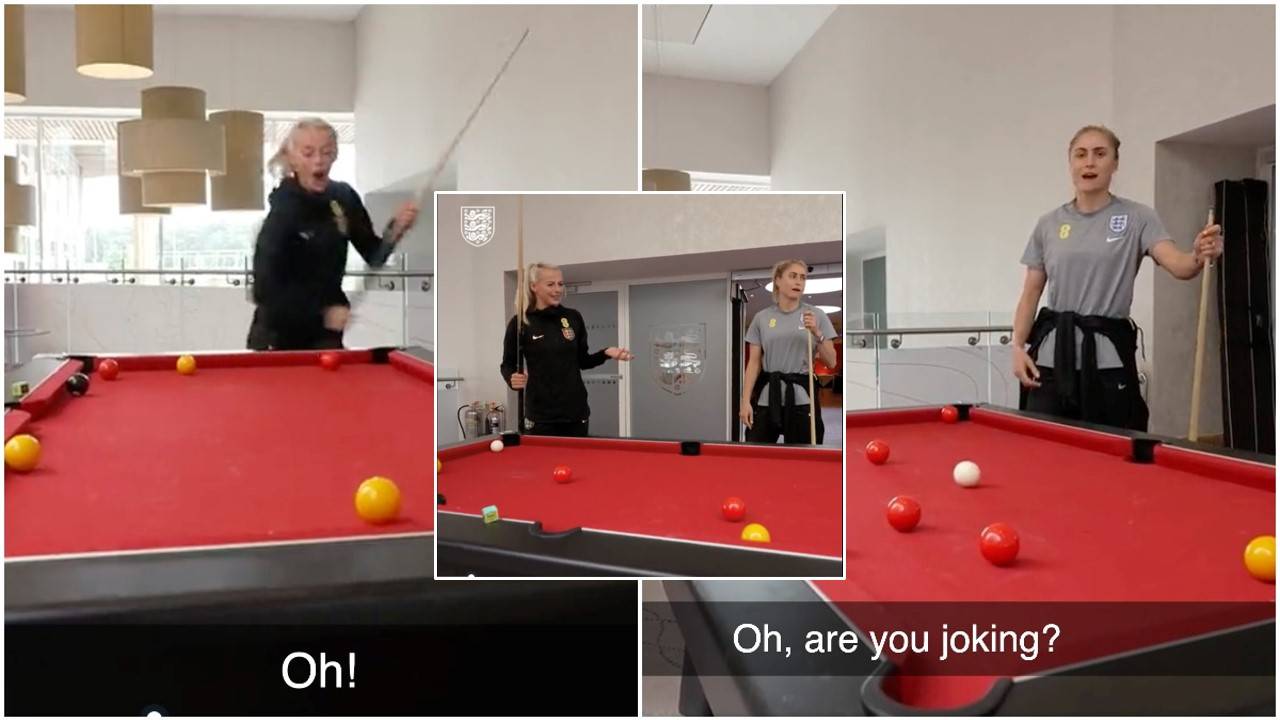 Chloe Kelly and Steph Houghton play snooker