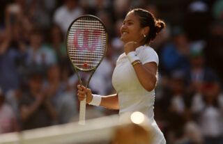 Emma Raducanu celebrates at Wimbledon