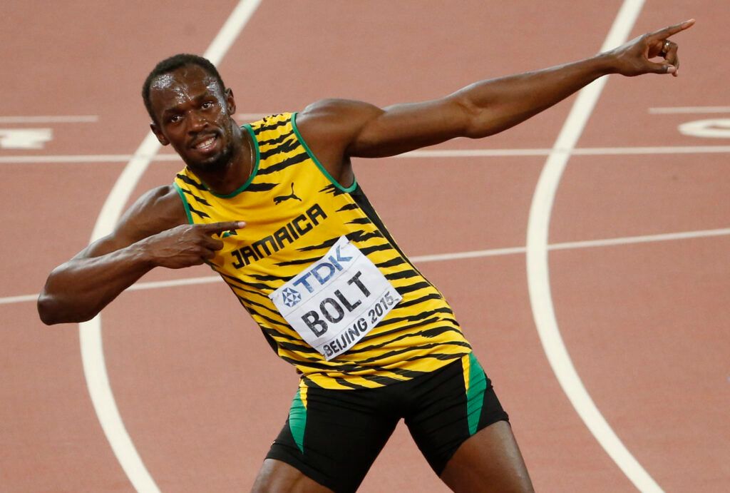Bolt celebrates winning in China.