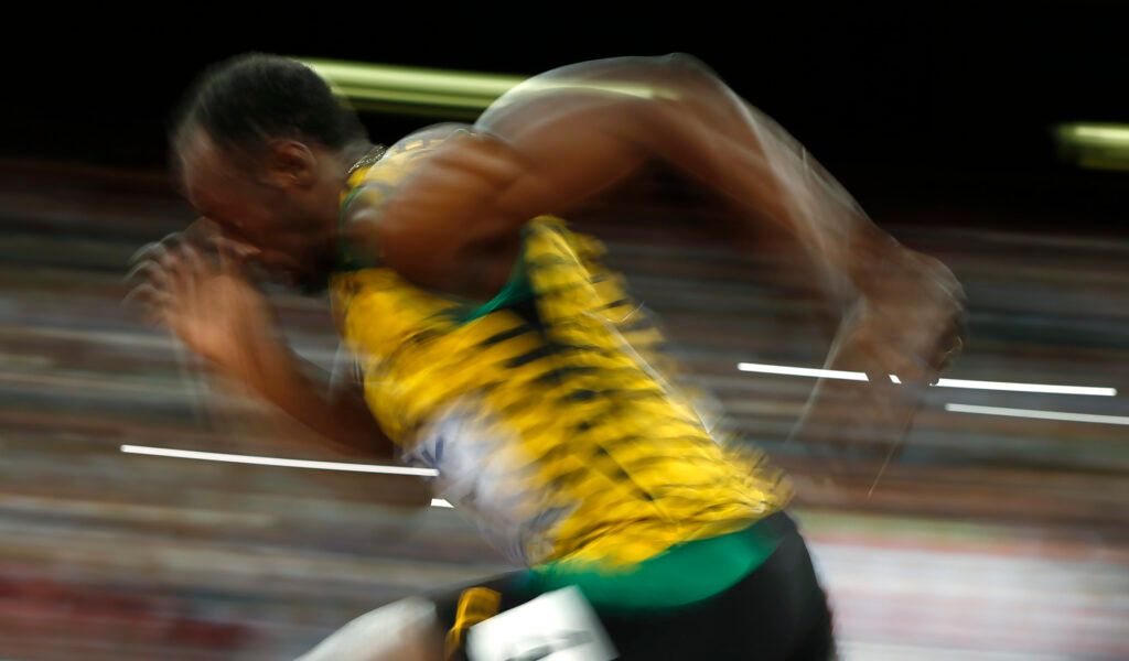 Bolt sprinting at Beijing 2015.