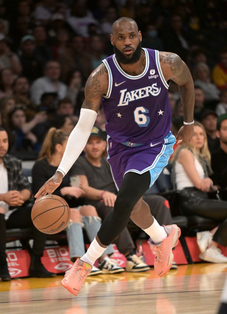 James playing for the Lakers.