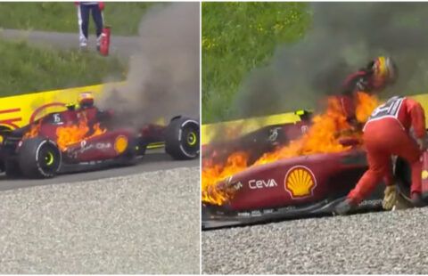 Austrian GP: Carlos Sainz struggles to get out of burning Ferrari