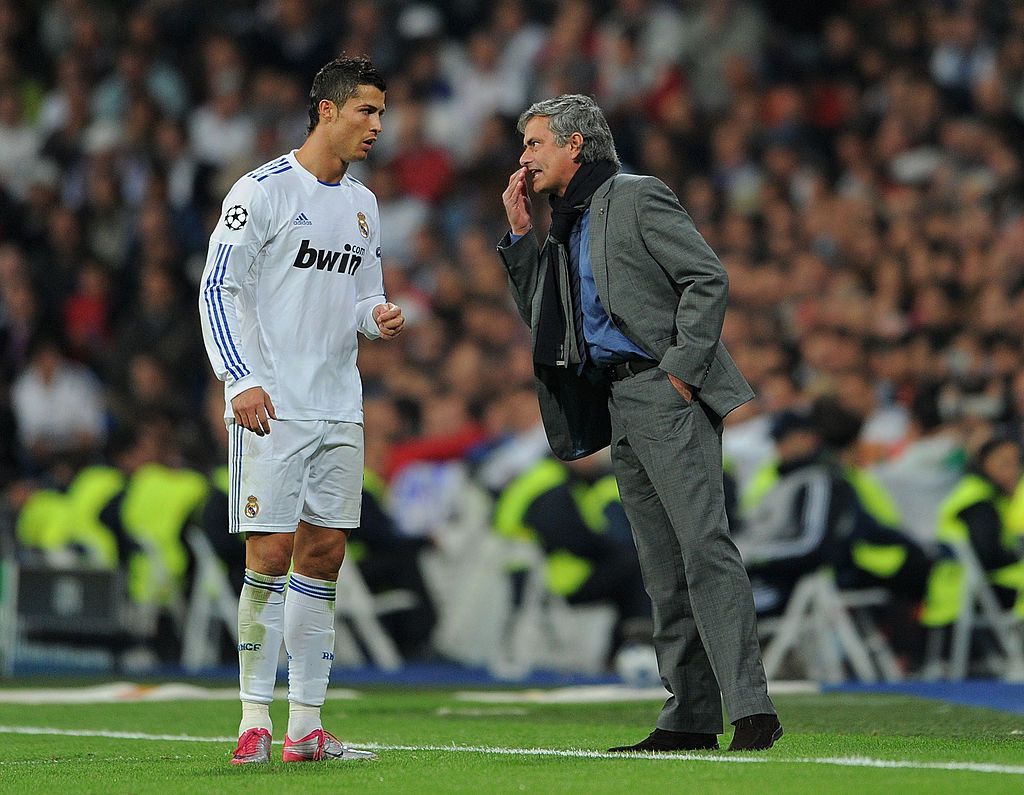 Cristiano Ronaldo & Jose Mourinho during a Real Madrid game vs AC Milan