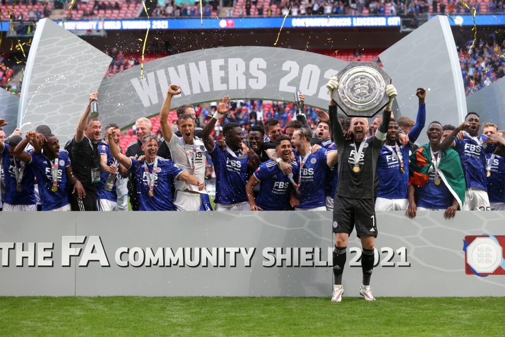Kasper Schmeichel of Leicester City lifts The FA Community Shield
