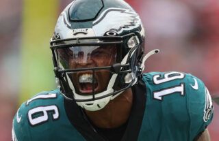 Quez Watkins #16 of the Philadelphia Eagles reacts against the Tampa Bay Buccaneers in the first half of the NFC Wild Card Playoff game at Raymond James Stadium on January 16, 2022 in Tampa, Florida