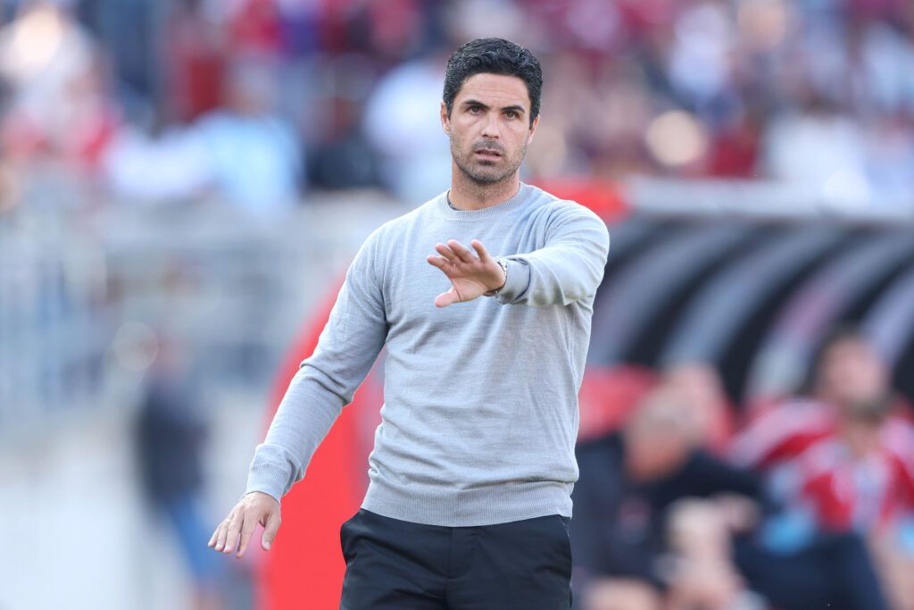  Mikel Arteta, Manager of Arsenal gives their team instructions during the pre-season friendly match between 1. FC Nürnberg and