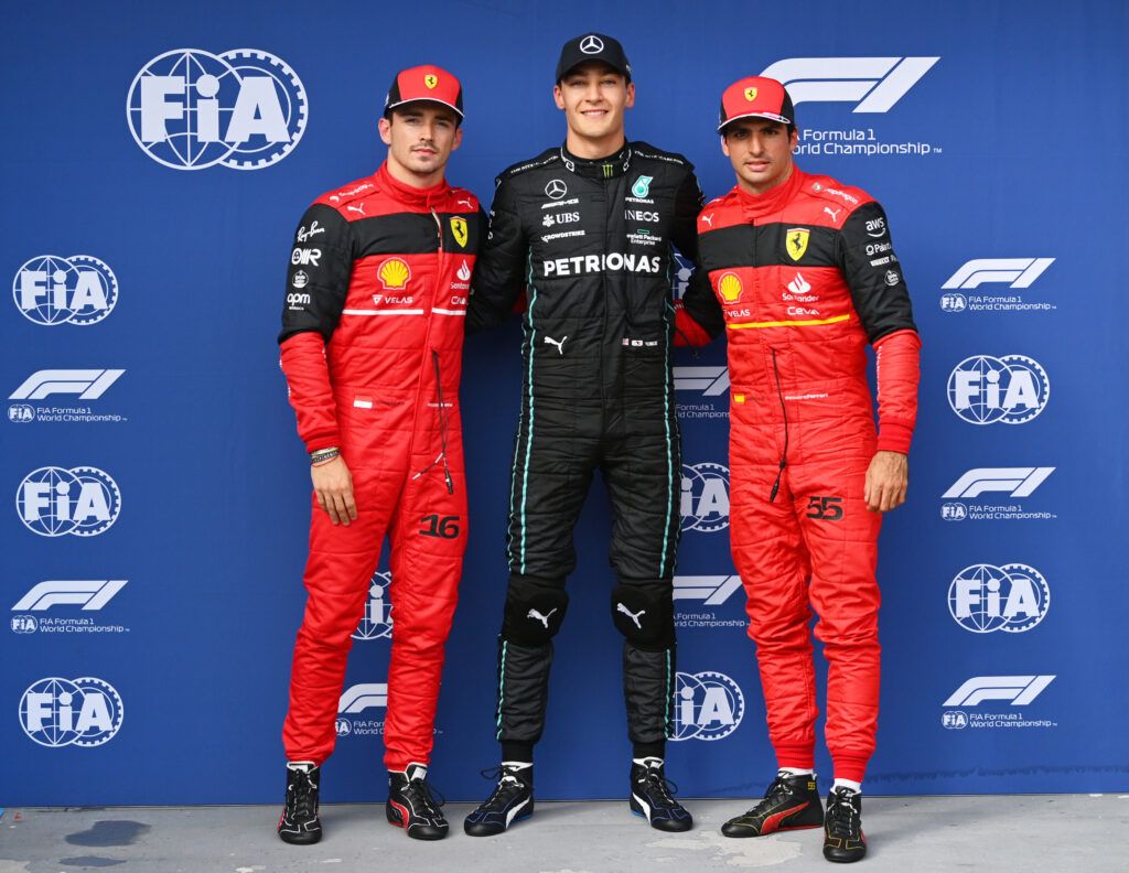 George Russell, Carlos Sainz and Charles Leclerc after Hungary qualifying