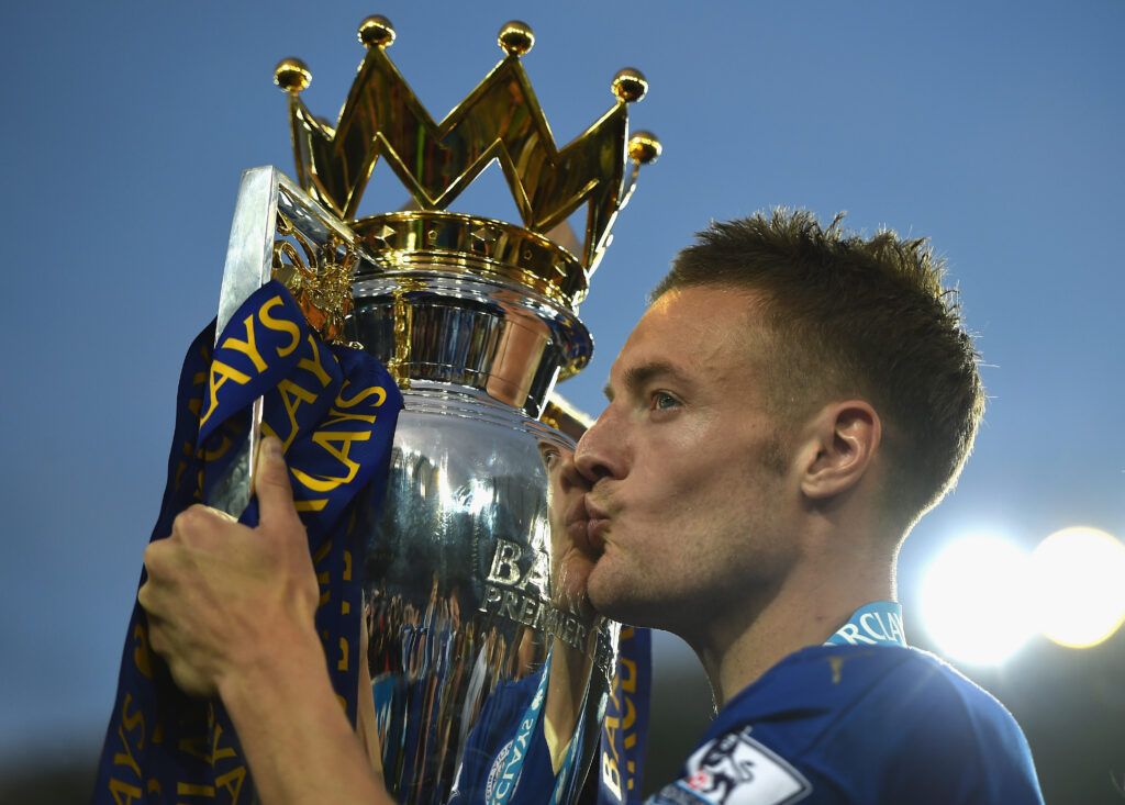 Vardy kisses the Premier League trophy