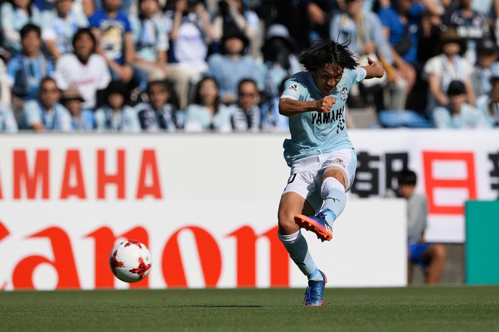 Shunsuke Nakamura strikes a ball for Jubilo Iwata in 2017
