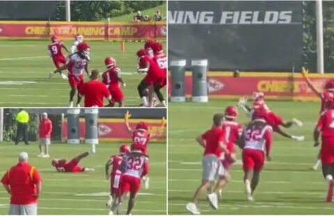Juju Smith-Schuster makes a diving catch in Kansas City Chiefs camp