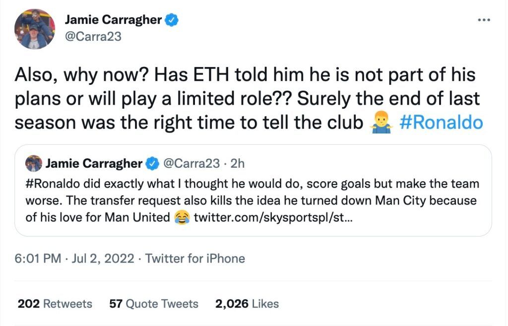 Carragher questioned the timing of the Ronaldo news.