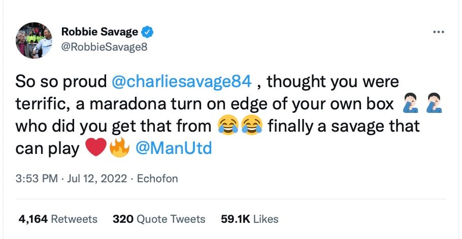 Robbie Savage's tweet about son, Charlie