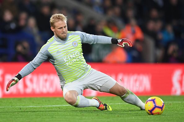 Schmeichel playing in goal for Leicester.