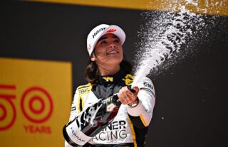 Jamie Chadwick celebrates winning Spanish GP