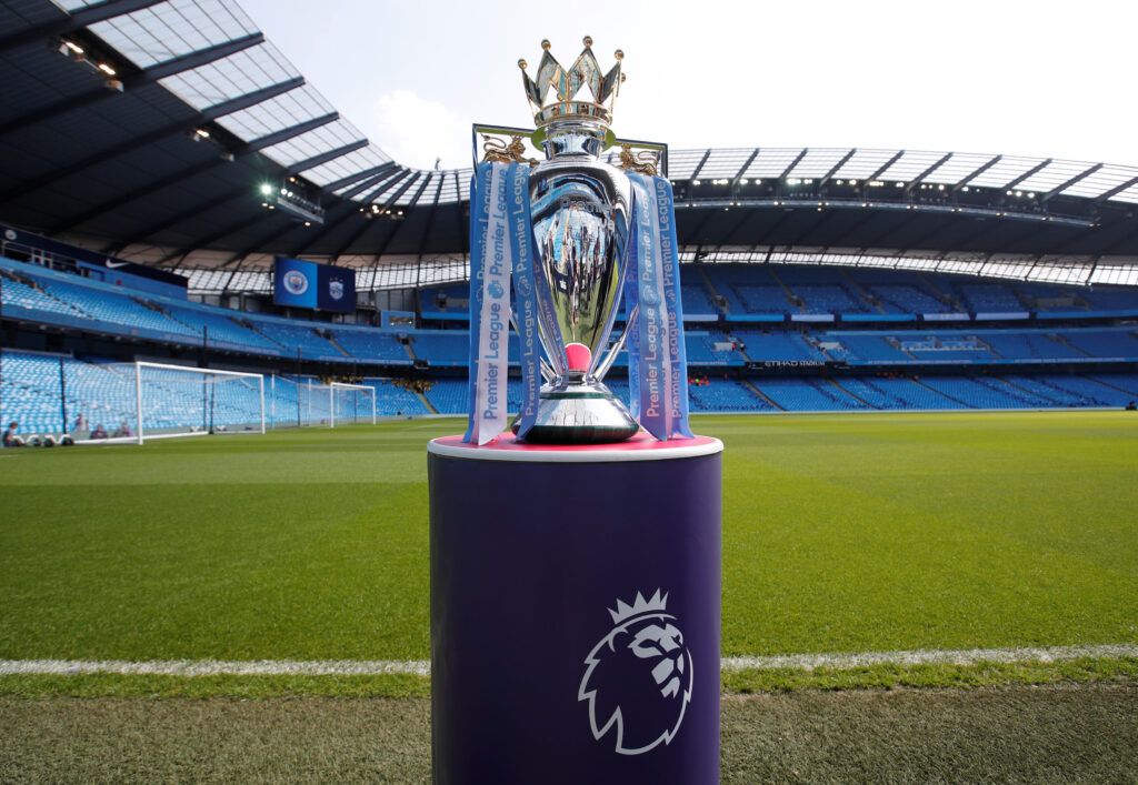 The Premier League trophy on display.