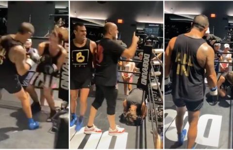 UFC legend Vitor Belfort dropping TikTok boxing star Bryce Hall with vicious shot
