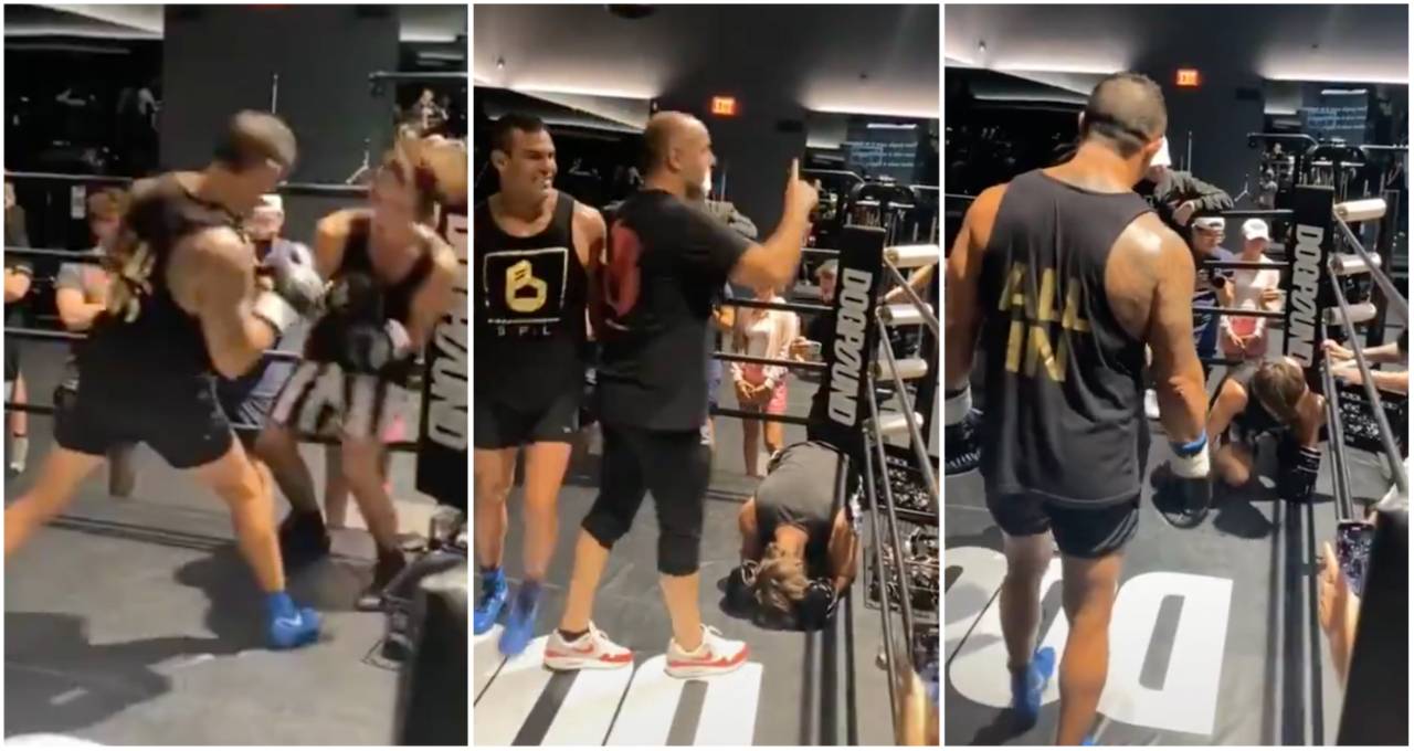 UFC legend Vitor Belfort dropping TikTok boxing star Bryce Hall with vicious shot