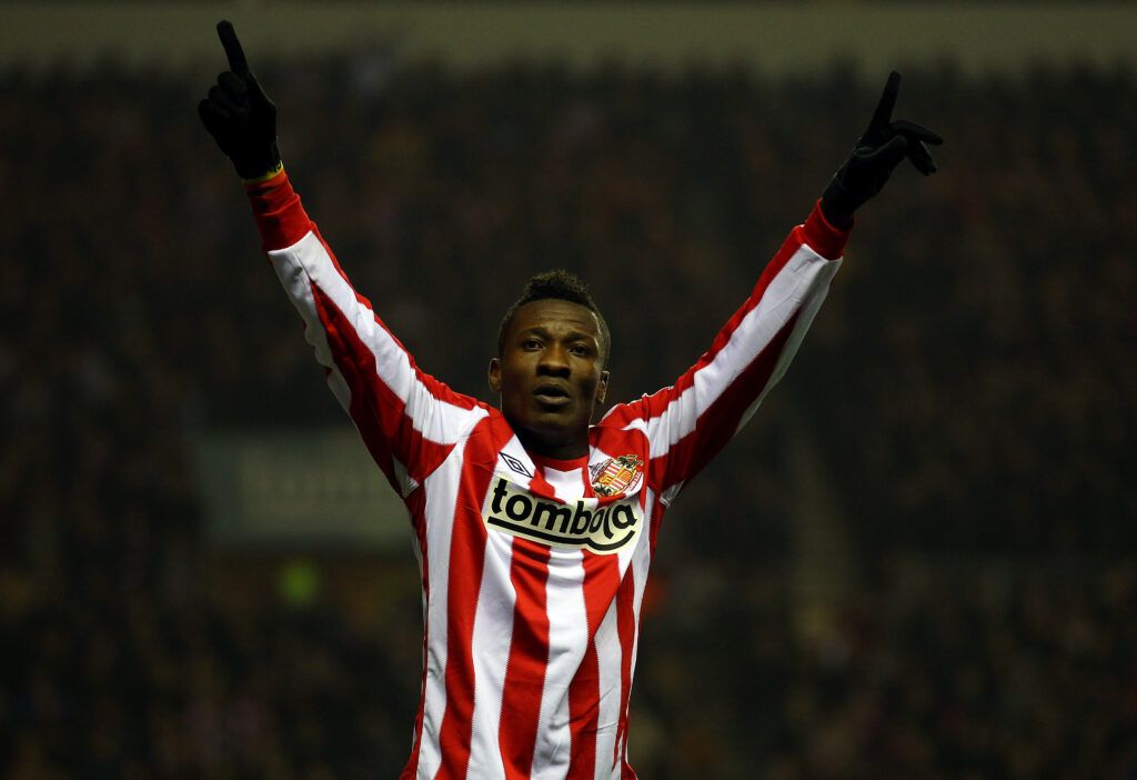 Asamoah Gyan celebrates a goal for Sunderland