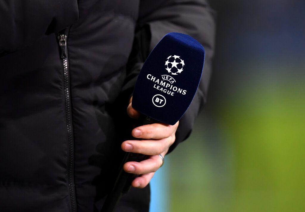 The Champions League and BT Sport logos are seen on a microphone prior to the UEFA Champions League group C match between Manchester City and Atalanta at Etihad Stadium on October 22, 2019 in Manchester, United Kingdom.