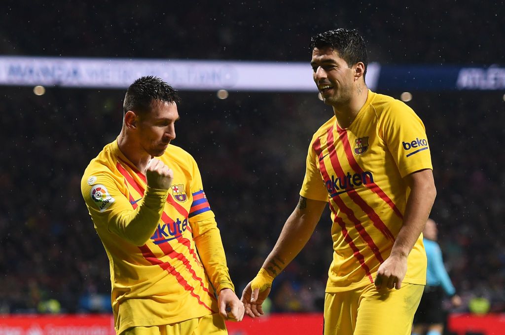 Lionel Messi and Luis Suarez celebrate in Atletico 0-1 Barcelona in 2019