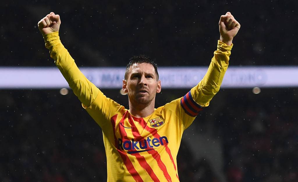 Lionel Messi celebrates in Atletico 0-1 Barcelona in 2019