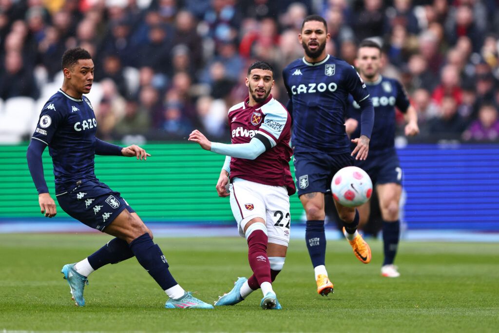 Said Benrahma of West Ham United in action with Jacob Ramsey and Douglas Luiz 
