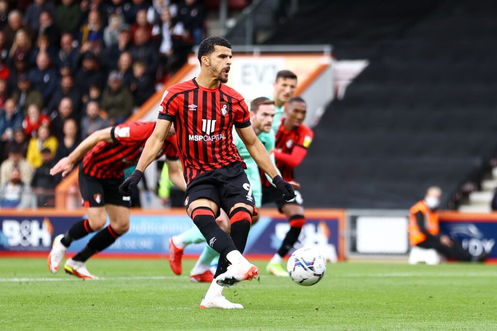 Dominic Solanke of AFC Bournemouth scores their team's first goal