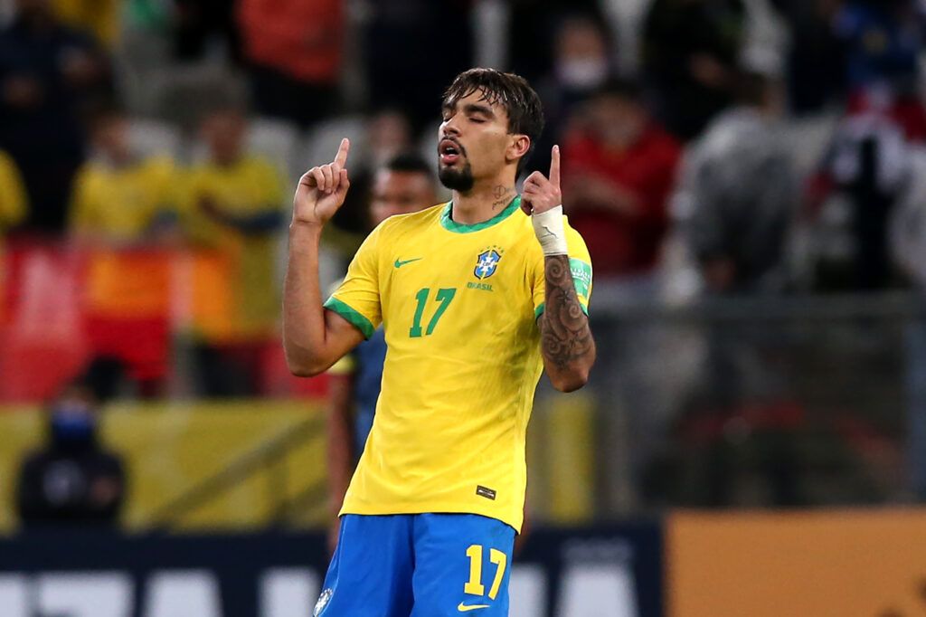 Lucas Paquetá of Brazil celebrates after scoring the first goal 