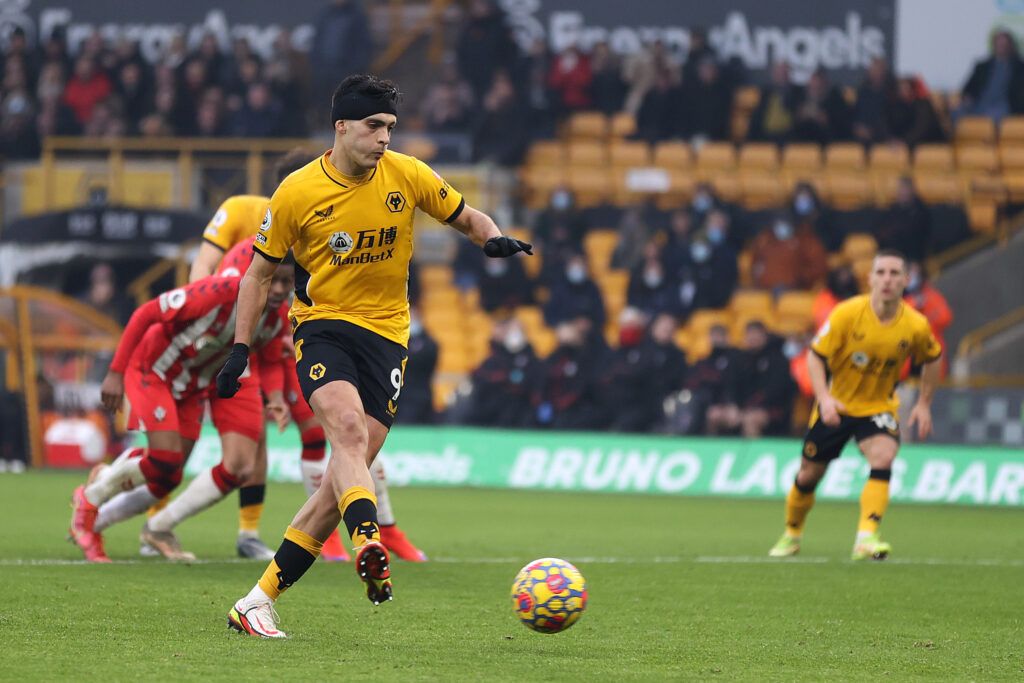 Raul Jimenez of Wolverhampton Wanderers scores their team's first goal from the penalty spot 