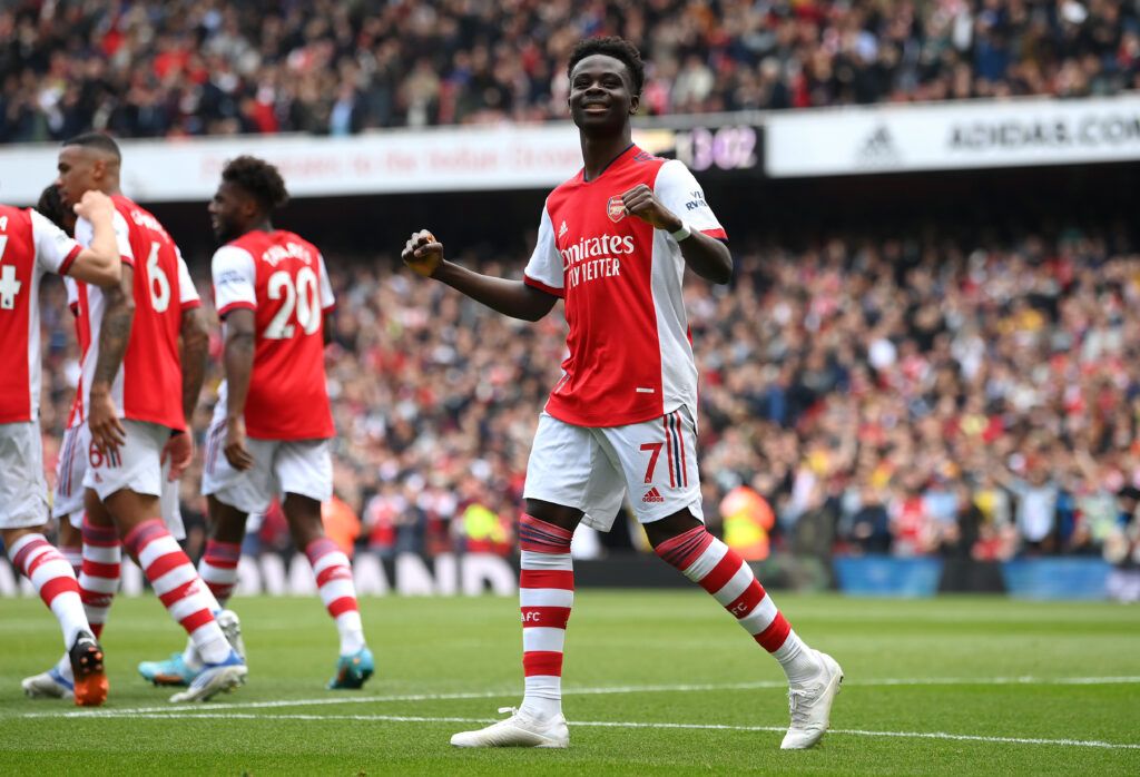 Bukayo Saka celebrates a goal for Arsenal vs Man Utd