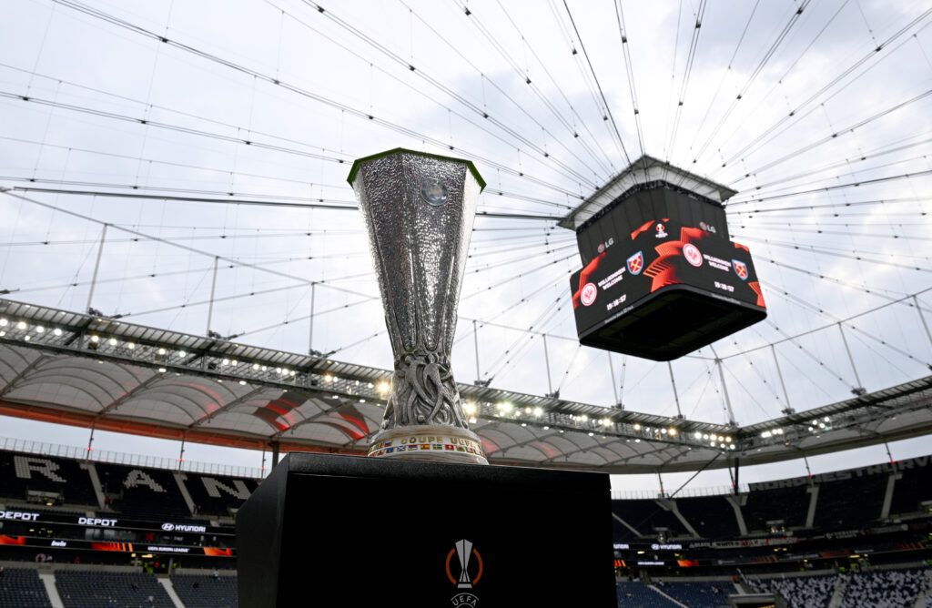 A general view of the UEFA Europa League trophy prior to the UEFA Europa League Semi Final