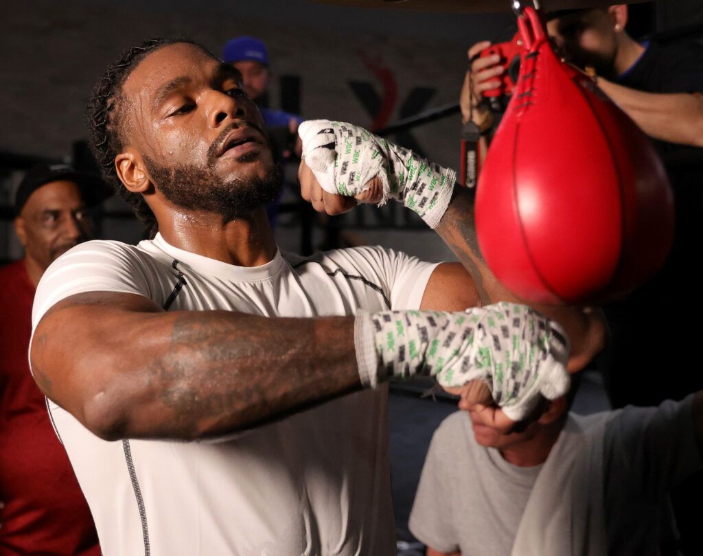 Hasim Rahman Jr. hits a speed bag as he works out at DLX Boxing on July 26, 2022 in Las Vegas, Nevada. Rahman is scheduled to fight Jake Paul in a cruiserweight bout on August 06, 2022 at Madison Square Garden in New York City.