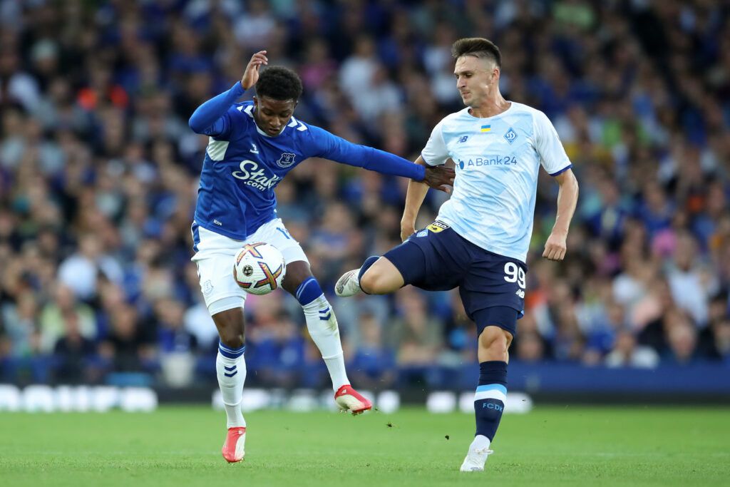 Demarai Gray of Everton battles with Denys Antiukh of Dynamo Kyiv during the Pre-Season Friendly match between Everton and Dynamo Kyiv at Goodison Park on July 29, 2022 in Liverpool, England