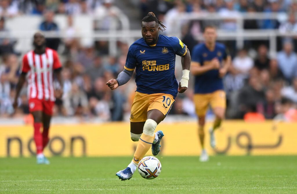 Newcastle player Allan Saint-Maximin in action during the pre season friendly match between Newcastle United and Athletic Bilbao at St James' Park on July 30, 2022 in Newcastle upon Tyne, England.